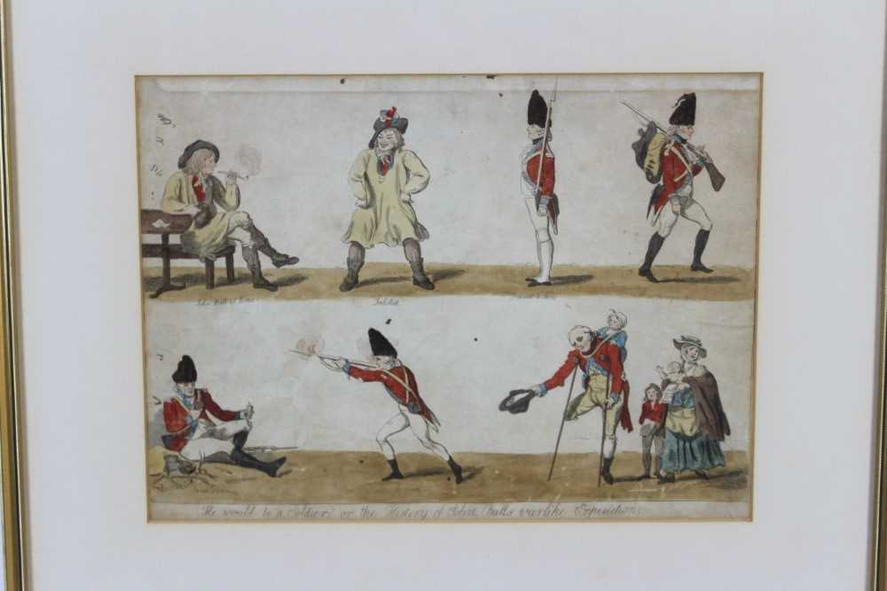 Isaac Cruickshank (1764-1811) hand coloured engraving, He would be a soldier, or the history of John