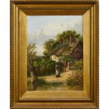 Thomas Smythe oil on canvas, figure beside a cottage