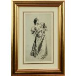 Charles Dana Gibson (1867-1944) pen and ink - Elegant Lady, in glazed gilt frame, 25cm x 13.5cm P