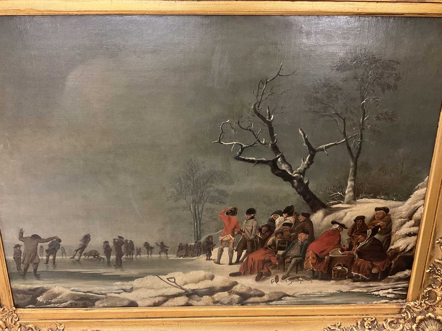 T. Weeks after Philip James de Loutherbourg (1740-1812) oil on canvas - Skating in Hyde Park, signed - Image 8 of 18