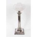 19th century silver plated candlestick, converted to a lamp, the stem of Corinthian column form, the