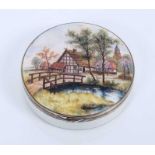 Silver and enamel circular box with rural landscape decoration