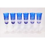 Set of six Bohemian blue flash cut wine glasses, 20.75cm high