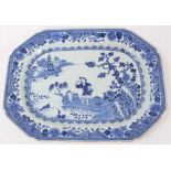 Chinese blue and white porcelain platter, 18th century, decorated with a figure standing on an islan