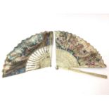 Ornate 19th century Chinese carved ivory and painted fan, painted with figural frieze and floral des