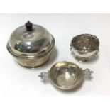 1920s silver muffin dish of circular form with removable interior tray and domed cover (Birmingham 1