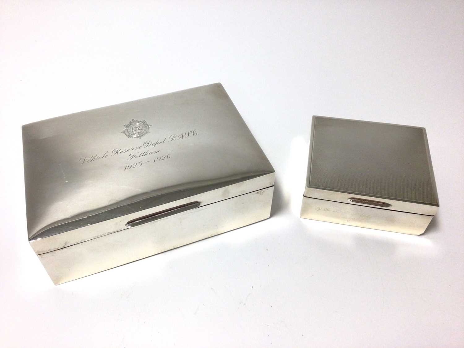 1920s silver box of rectangular form with engraved Regimental inscription, and one other