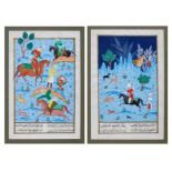 Decorative pair of antique Persian gouache paintings of hunting scenes