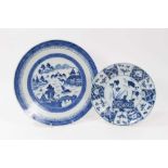 Chinese blue and white dish, 19th century, painted with a landscape, 29.5cm diameter, together with