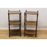 Near pair of Victorian rosewood three tier what-nots, each with turned supports and three shaped tie