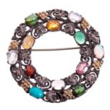 Bernard Instone (1891-1987) a silver and multi-gem wreath brooch with oval cut and cabochon gem-ston