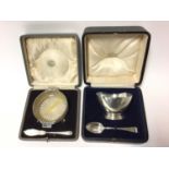 Cased silver spoon and bowl set and separate cased Butter dish