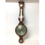 19th century banjo-shaped barometer thermometer with silvered dials in mahogany case 108 cm high