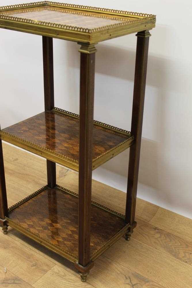 Good 19th century Continental parquetry and brass mounted three tier étagère, each rectangular tier - Image 2 of 4