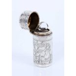 Victorian silver scent bottle with engraved decoration in the style of Kate Greenaway depicting two