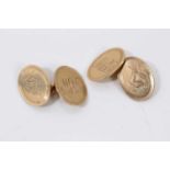 Pair of 9ct gold cufflinks with engraved family crest and initials