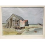 Tim Holding (b. 1940) watercolour, Fisherman's Hut, Walberswick, signed 39 x 53cm, glazed frame