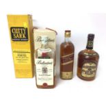 Four mixed bottles of Scotch Whisky, including Ballantine's, Cutty Sark, Chivas Regal, and Johnnie W