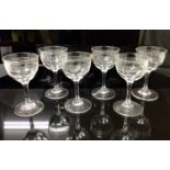 Set of six Edwardian cut glass port/sherry glasses with cut and etched Greek key borders