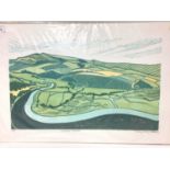 Penny Berry Paterson (1941-2021), colour linocut print, Downland Panorama, signed and numbered 2/30,