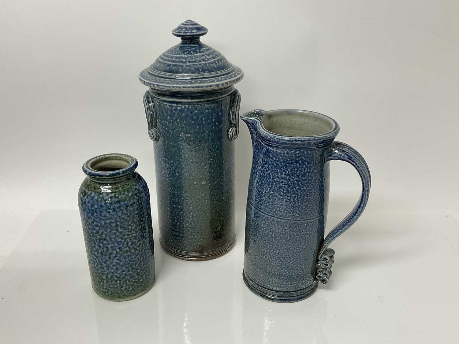 Three salt glazed pieces of Deborah Baynes studio pottery including lidded storage jar, 29cm high, j