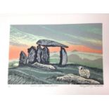 Penny Berry Paterson (1941-2021) colour linocut, Pentre Ifan, Pembrokeshire, signed and numbered 6/1
