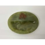 Early 20th century green onyx pin dish of oval form painted with the head of a horse, 11cm x 14cm