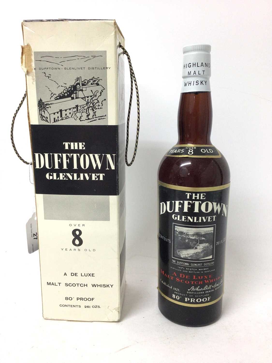 Dufftown Glenlivet Over 8 years old De Luxe Scotch Whisky, 80 proof, 26 2/3 fl. ozs, in original cas