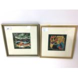 Pair of Contemporary studies of Fish and Chickens, monogrammed E. T. mounted in glazed gilt frame (