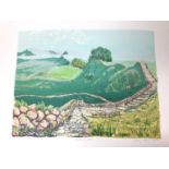 Penny Berry Paterson (1941-2021) colour linocut - Hadrian's Wall, image 52 x 40cm, signed titled and