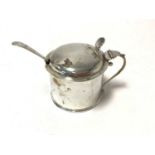 Edwardian silver drum mustard with scroll handle and hinged domed cover