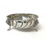 Victorian silver sugar bowl of circular form with embossed beaded and reeded decoration on three hoo