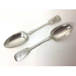 Pair of Victorian Scottish silver fiddle pattern table spoons with engraved crest and monograms, app