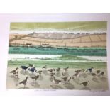 Penny Berry Paterson (1941-2021) colour linocut print, Geese at Titchwall Marshes, signed artist pro