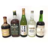 Five bottle of spirits, including Akvavit, Sake, Bourbon, Bristol Cream and Drambuie