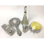 Quantity of silver and glass dressing table items, including a yellow guilloche enamel jar, a rectan