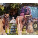 John Killens oil - Hazel and Her Horses, 23.5cm x 28.5cm framed