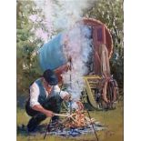 James Power SEA IEA oil on canvas - Getting the Fire Going, 40cm x 30cm framed