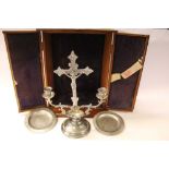 Pewter Church alter crucifix in pitch pine case