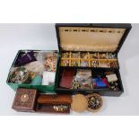 Jewellery box and tin containing quantity costume jewellery including vintage necklaces, badges and
