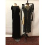 1920 Black velvet evening dress, bias cut and silk crepe panels to bodice. Plus an all over black l