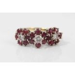 18ct gold ruby and diamond triple flower head cluster ring