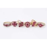 Six 9ct gold red stone and diamond cluster rings