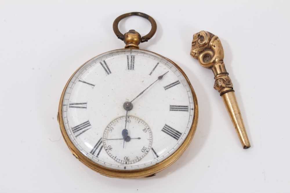 18ct gold cased pocket watch and winding key with rams head decoration