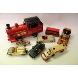 Tri-ang Puff Puff tinplate train plus a selection of tinplate cars, lorries and automaton including