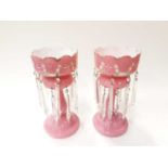 Pair of Victorian pink glass lustres with enamel decoration
