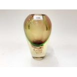 Stylish Murano style amber and green art glass vase, with purple and yellow swirls