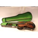 Violin in case with bow, two-piece back measuring 37cm long including nose