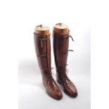 Pair of First World World Officers' tan leather boots with wooden trees, named in ink 'Paul'