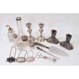 Group silver mounted glass bottles, two silver Sherry labels and one other, pair silver candlesticks